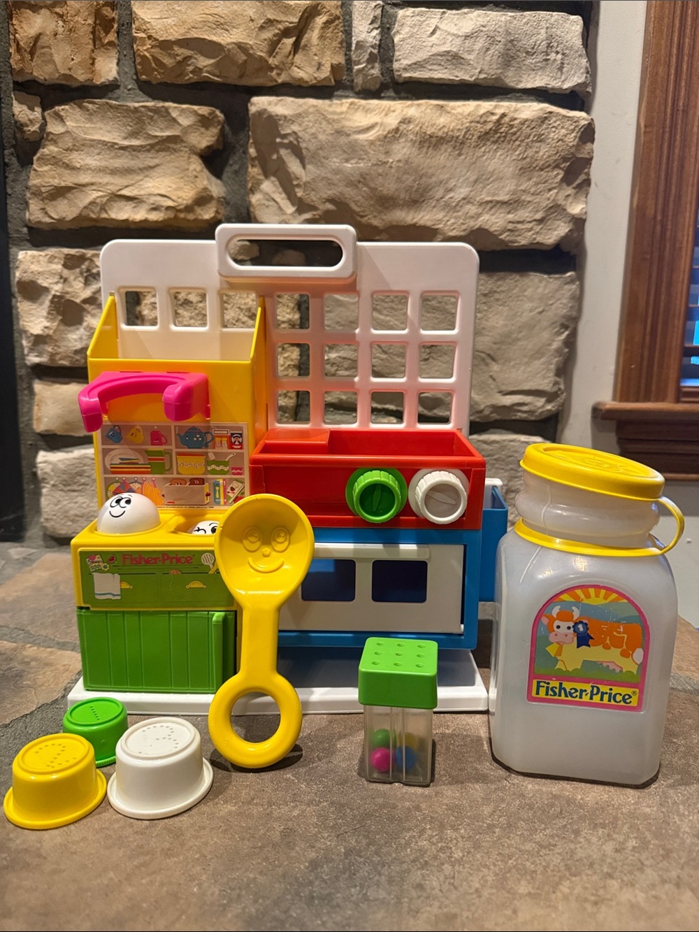 Vintage 1986 Fisher Price Toddler Kitchen #1008 W/Accessories Play Dishes & Food